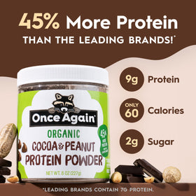 Once Again chocolate peanut protein powder scoop ready for smoothies