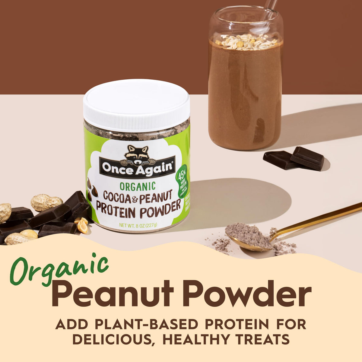 Once Again chocolate peanut protein powder in a shaker for creamy drinks