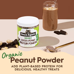 Once Again chocolate peanut protein powder in a shaker for creamy drinks