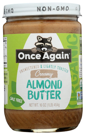 Once Again Creamy Almond Butter jar shows creamy texture for toast and smoothies.