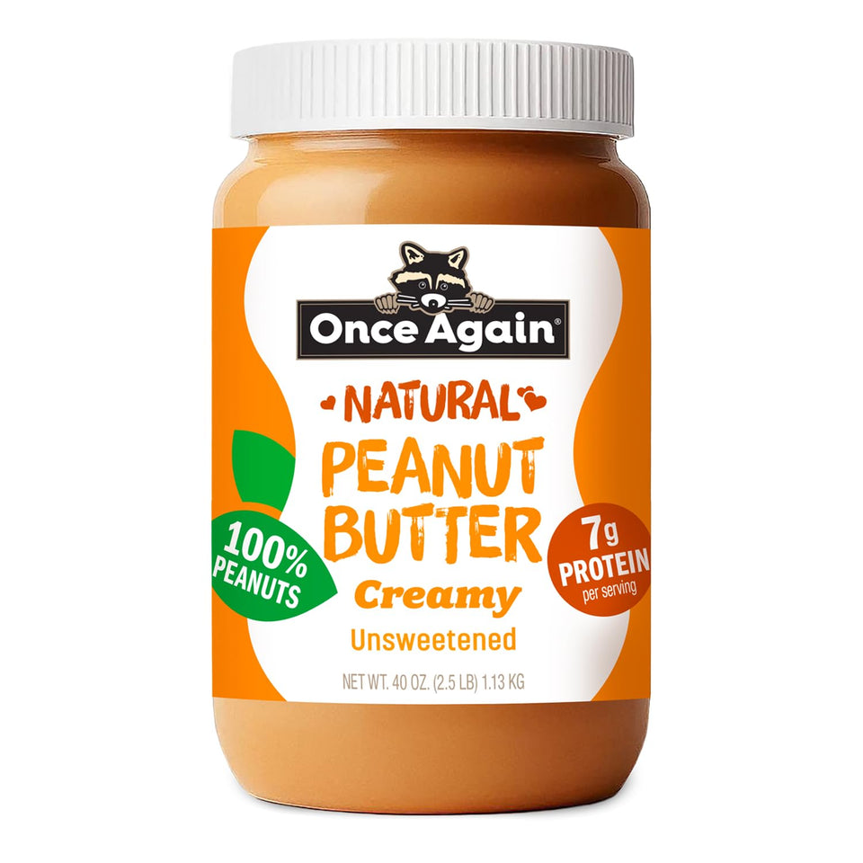 Once Again creamy peanut butter jar closeup shows a smooth texture ideal for spreading on toast