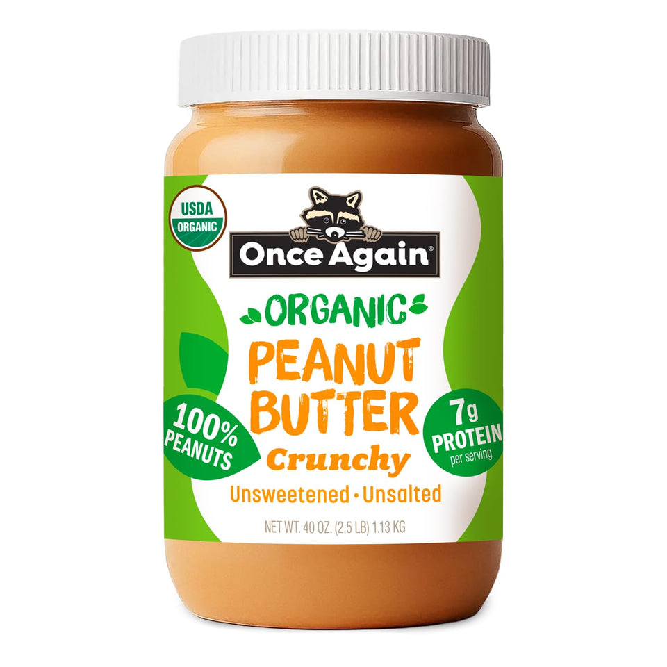Once Again crunchy peanut butter 2.5 lb jar on kitchen counter for family snacking