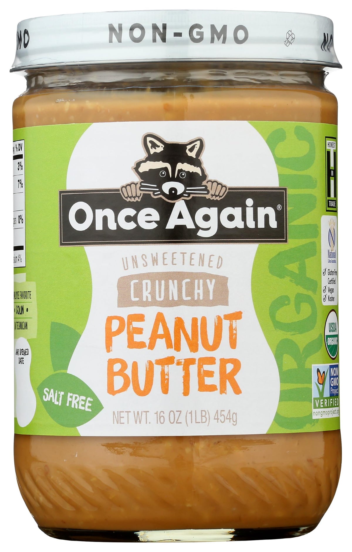 Once Again crunchy peanut butter jar front highlights no sugar added for healthier snacking