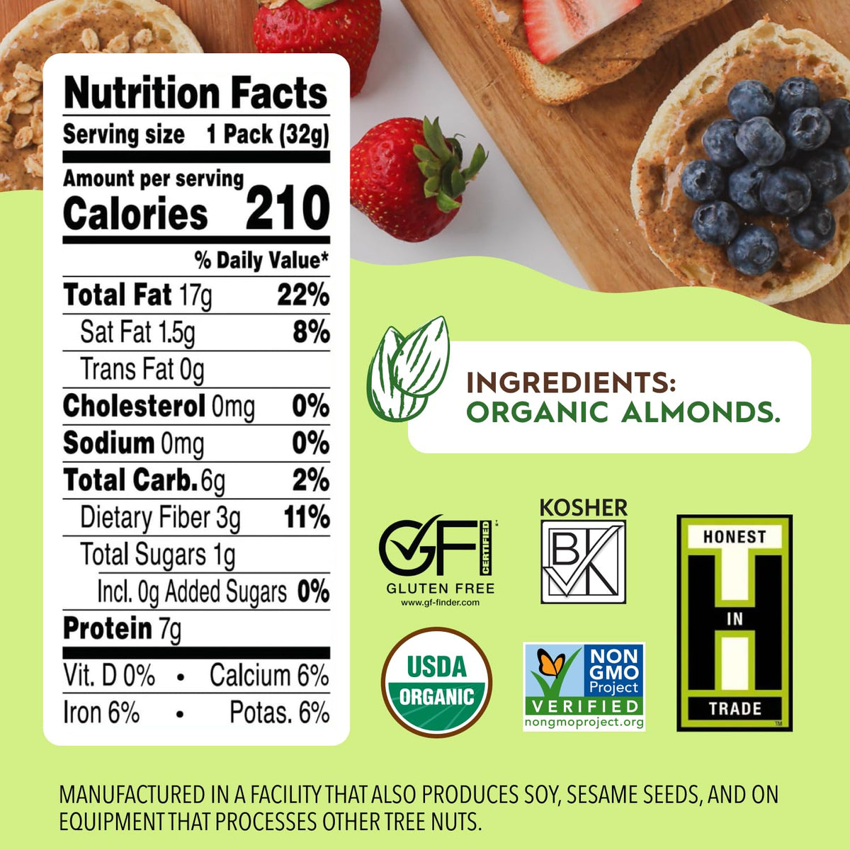 Once Again Non-GMO Gluten-Free certification on almond butter packets.