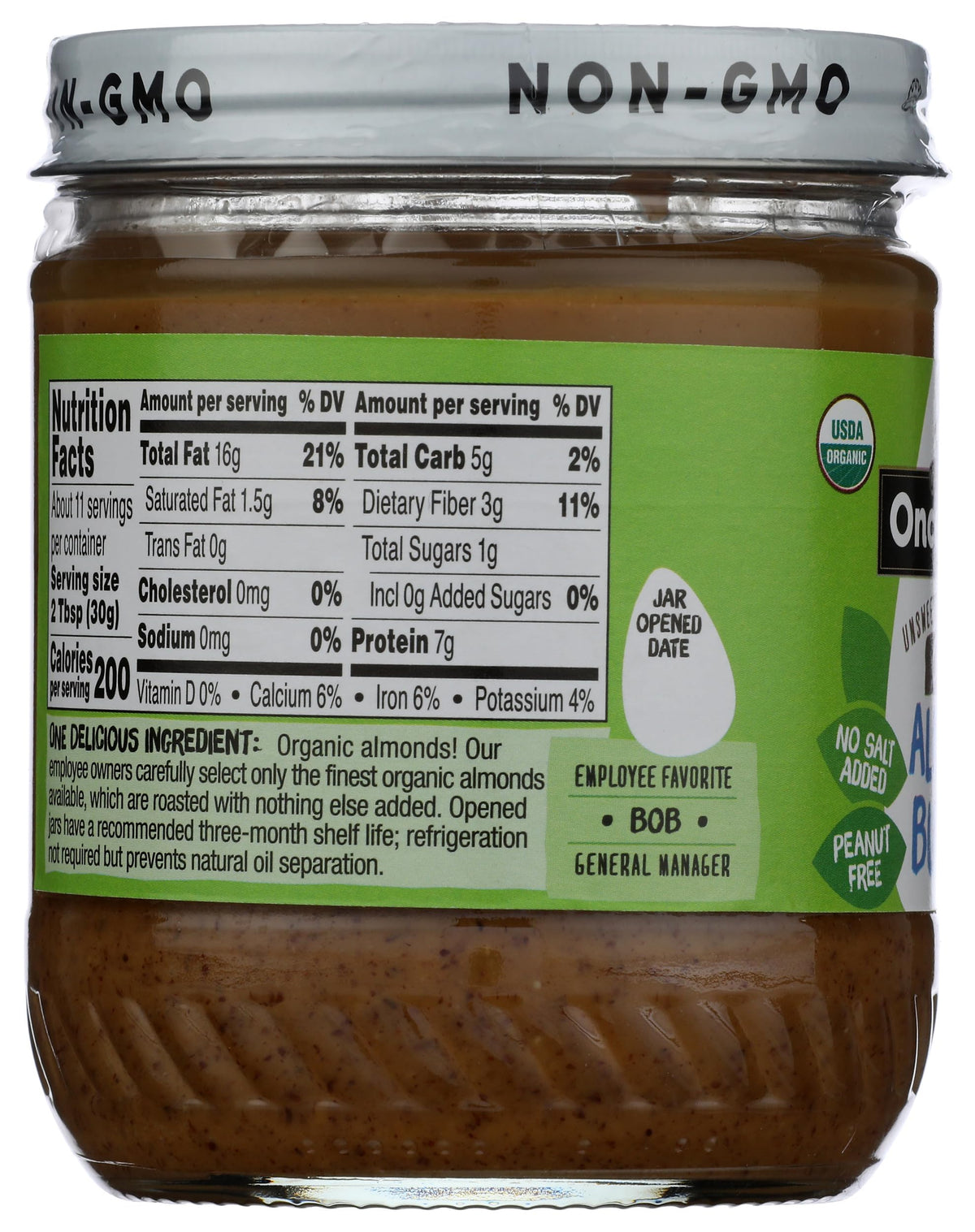 Once Again Organic Almond Butter label detail highlighting purity