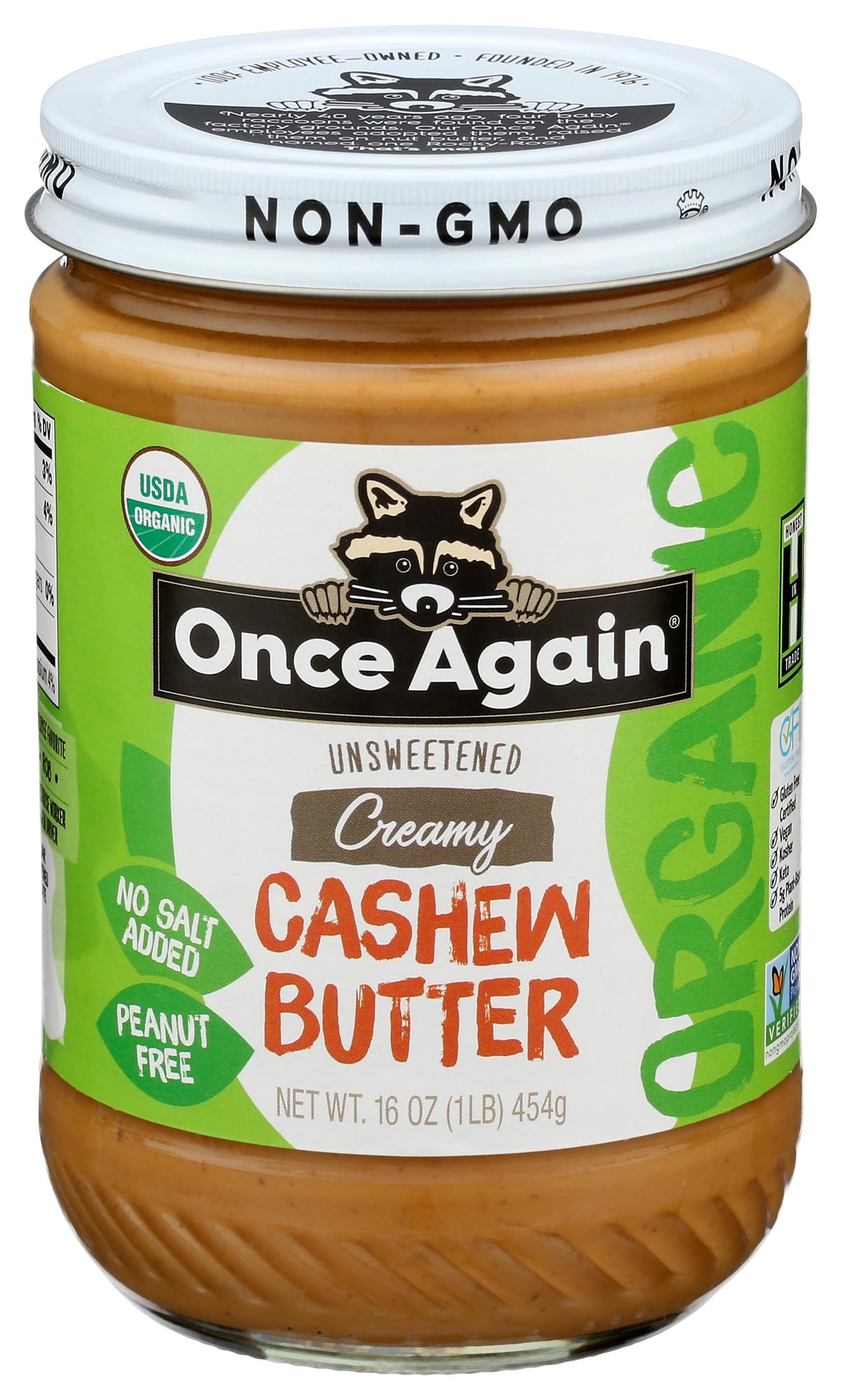 Once Again organic creamy cashew butter 16oz jar, silky texture for easy spreading