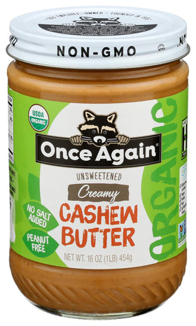Once Again organic creamy cashew butter 16oz jar, silky texture for easy spreading