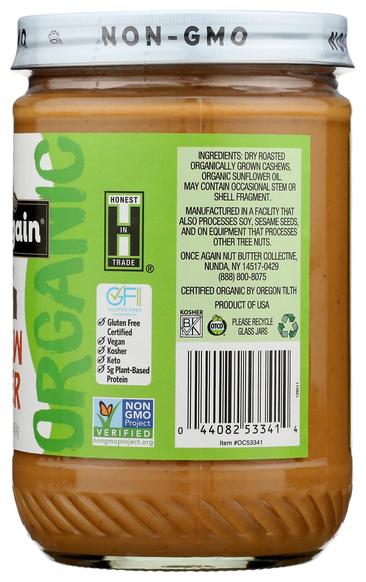 Once Again cashew butter ingredients, cashews and sunflower oil, clean label