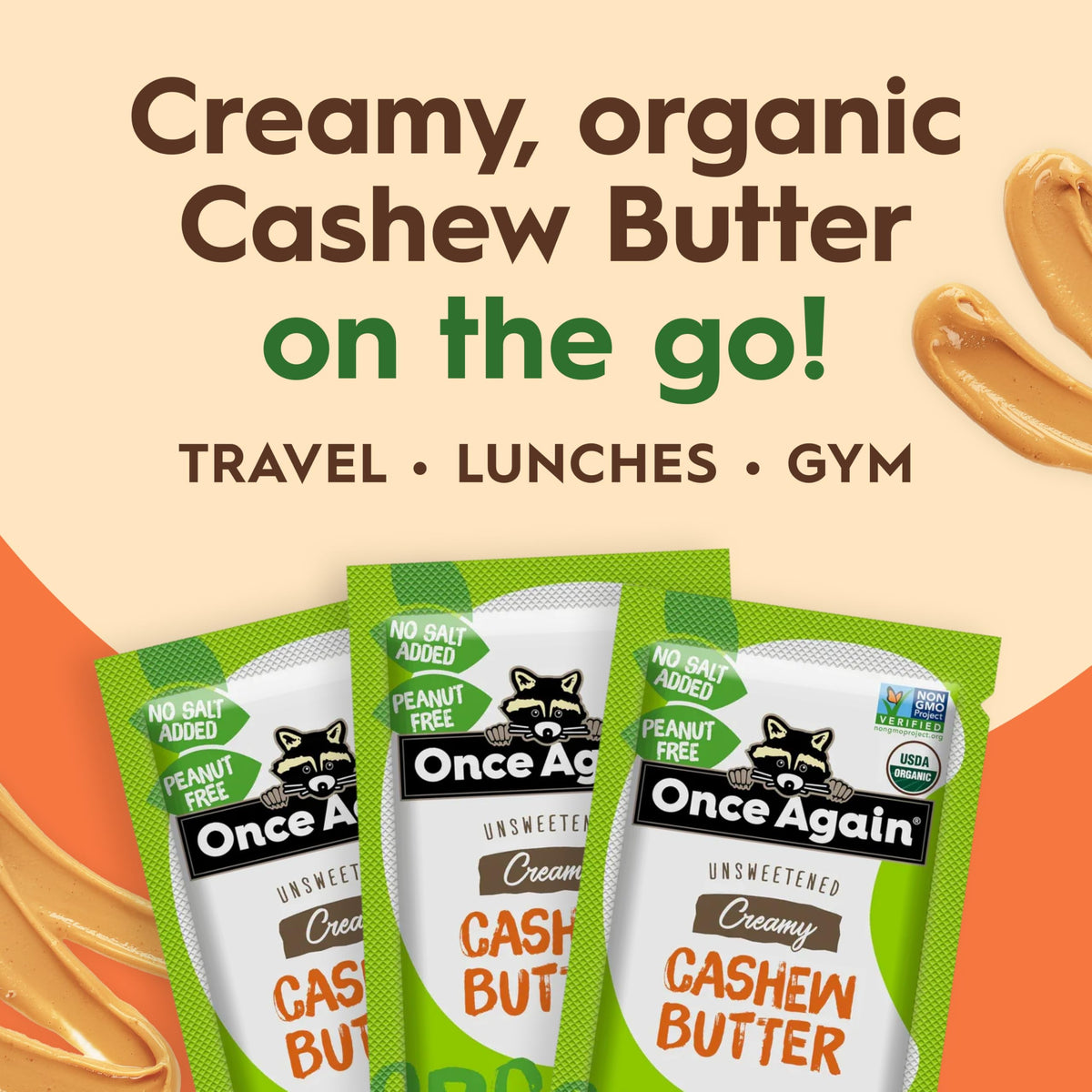 Open cashew butter packet reveals creamy texture ideal for quick spreads.