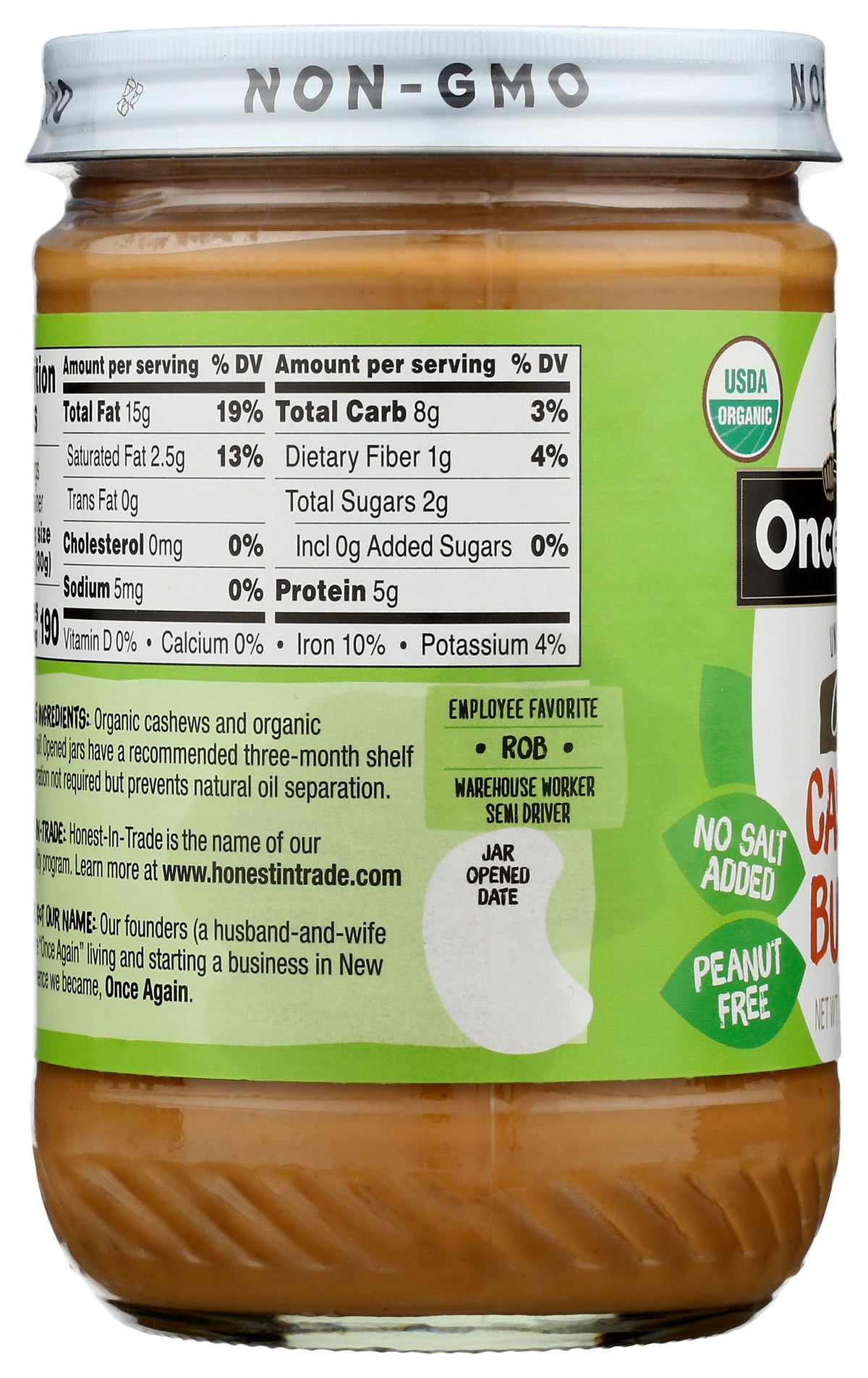 Once Again organic cashew butter pantry shot, glass jar and label visible