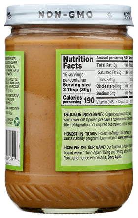 Once Again cashew butter spread on toast, rich flavor with no added salt