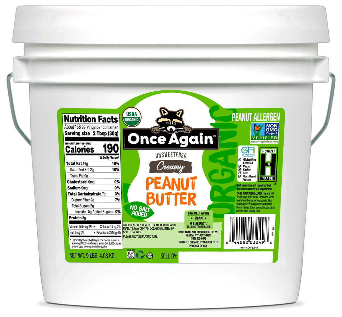 Once Again Organic Creamy Peanut Butter in a 9 lb bucket, ideal for family use.