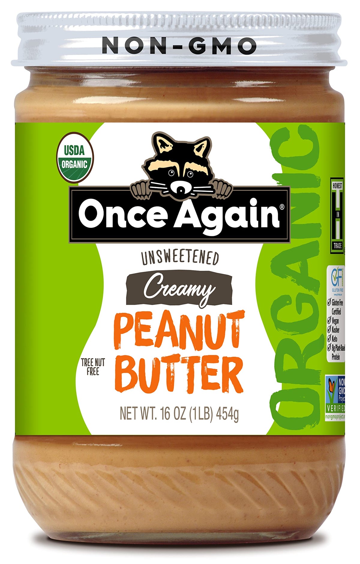 Once Again Organic Creamy Peanut Butter Lightly Salted in glass jar, smooth texture for spreads.