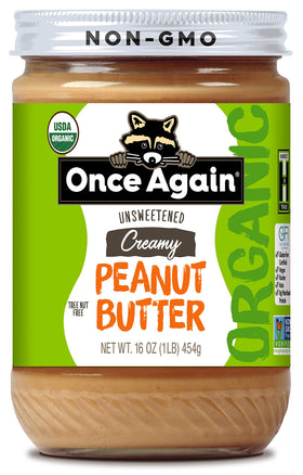 Once Again Organic Creamy Peanut Butter Lightly Salted in glass jar, smooth texture for spreads.