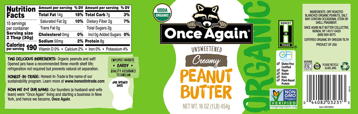 Once Again Organic Creamy Peanut Butter texture close-up highlights unsweetened, no sugar added appeal.