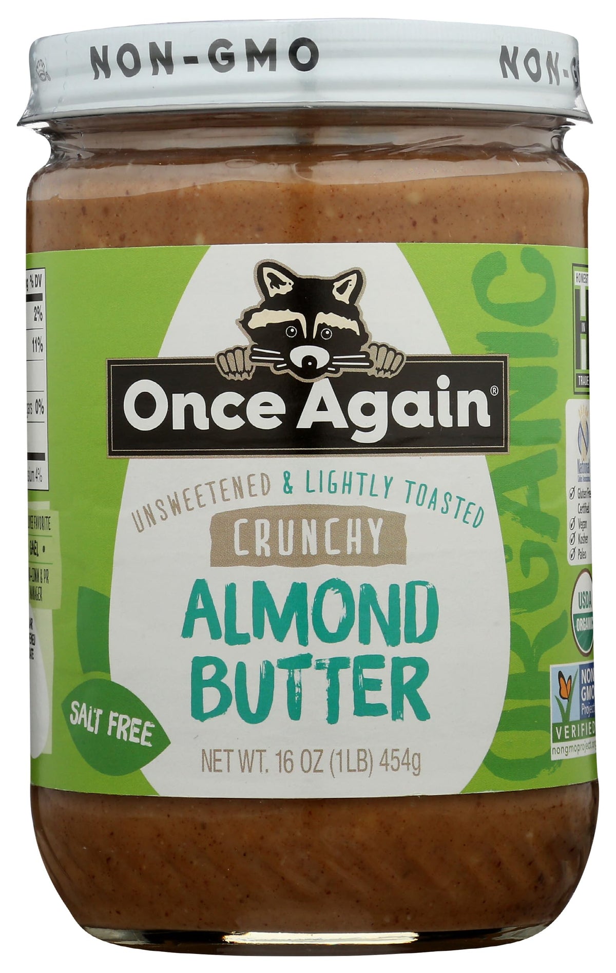 Once Again Organic Crunchy Almond Butter in glass jar; ideal for spreads