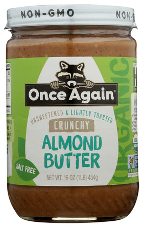 Once Again Organic Crunchy Almond Butter in glass jar; ideal for spreads