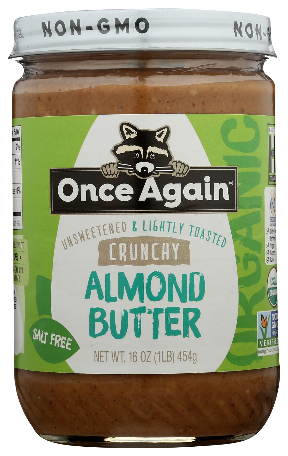 Once Again Organic Crunchy Almond Butter in glass jar; ideal for spreads