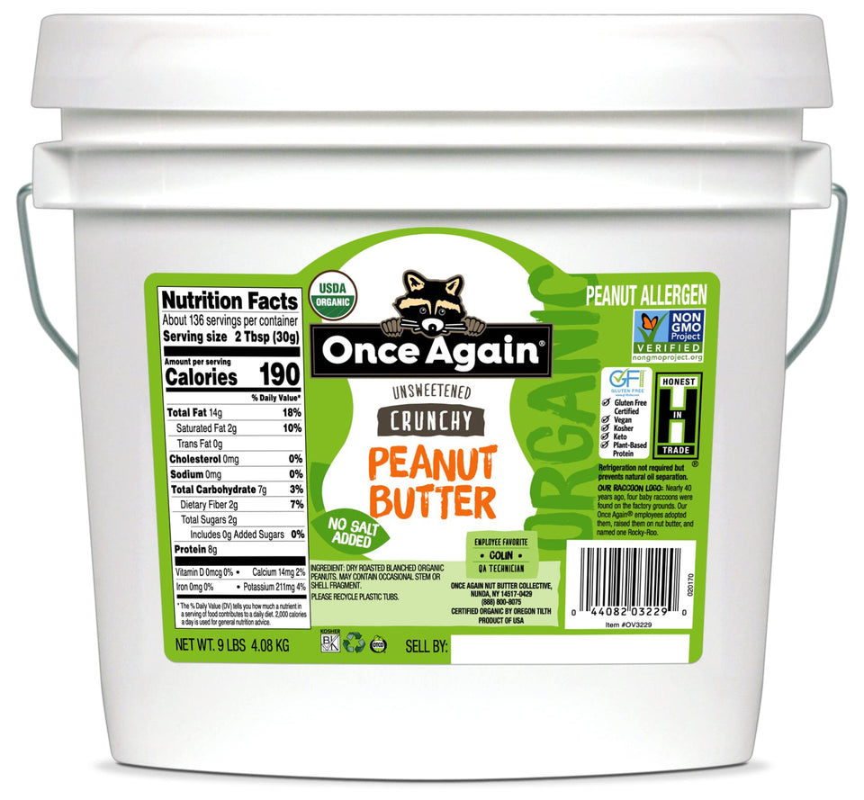Once Again Organic Crunchy Peanut Butter 9lb jar with chunky texture for toast.