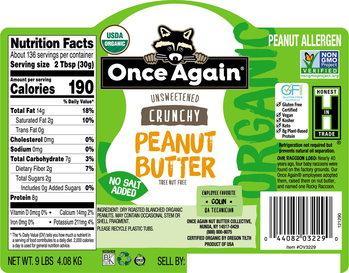 Once Again Peanut-Only Facility ensures pure, unsweetened flavor for recipes.