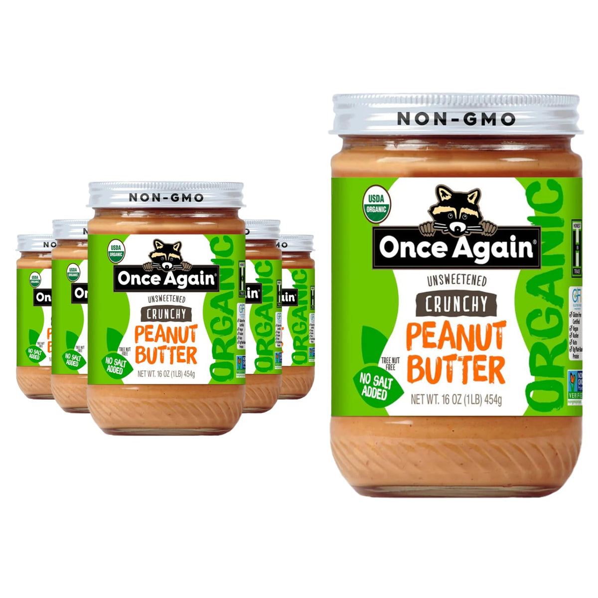Once Again organic crunchy peanut butter jar, single-ingredient protein snack.
