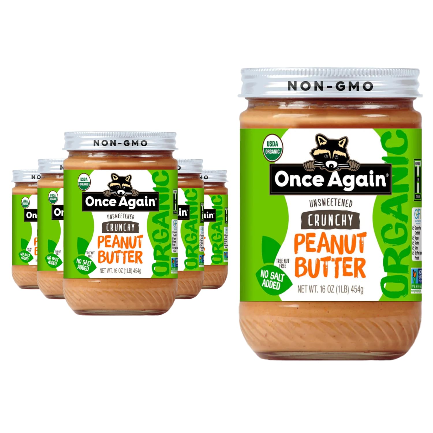 Once Again organic crunchy peanut butter jar, single-ingredient protein snack.
