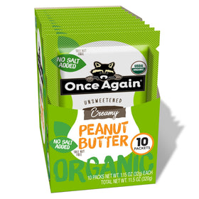 Once Again organic peanut butter packets box front, convenient on-the-go snack.