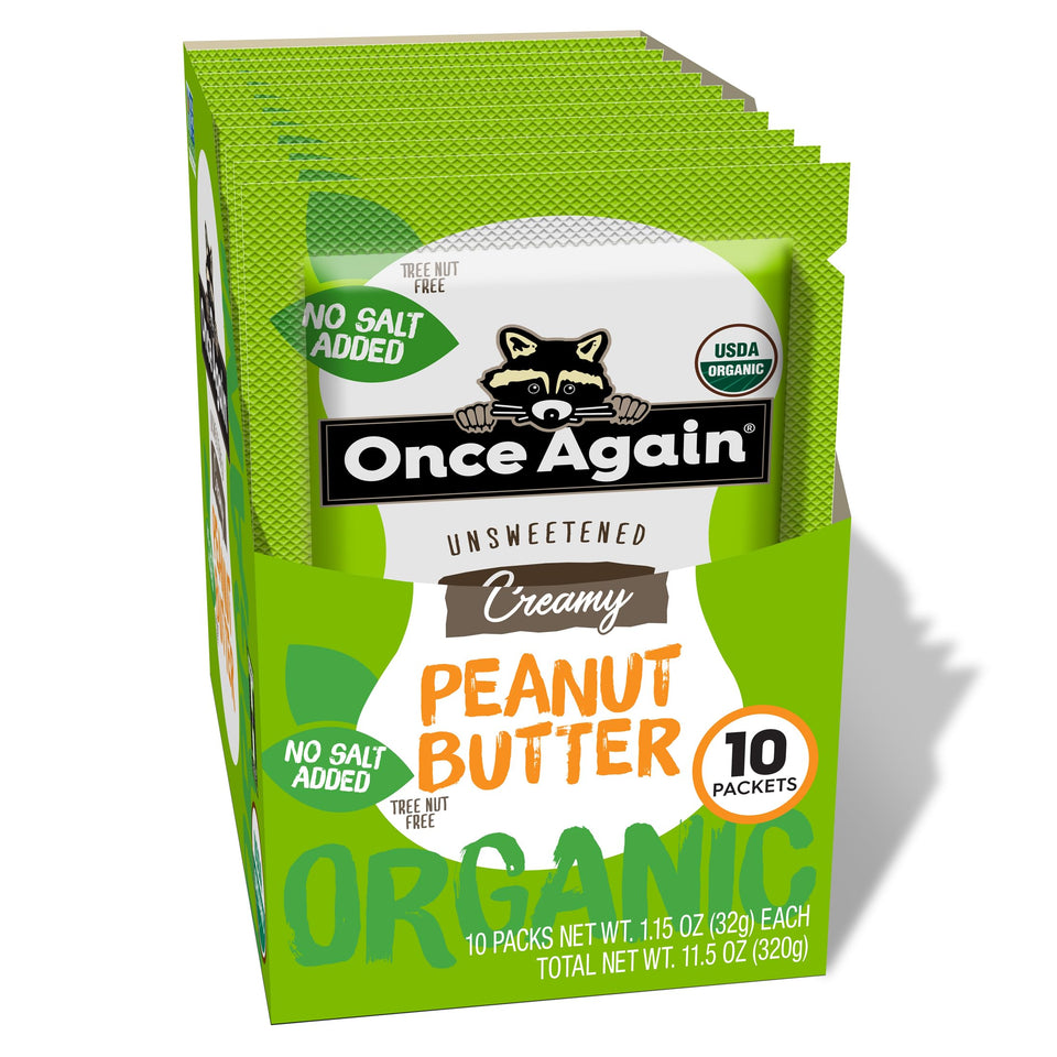 Once Again organic peanut butter packets box front, convenient on-the-go snack.