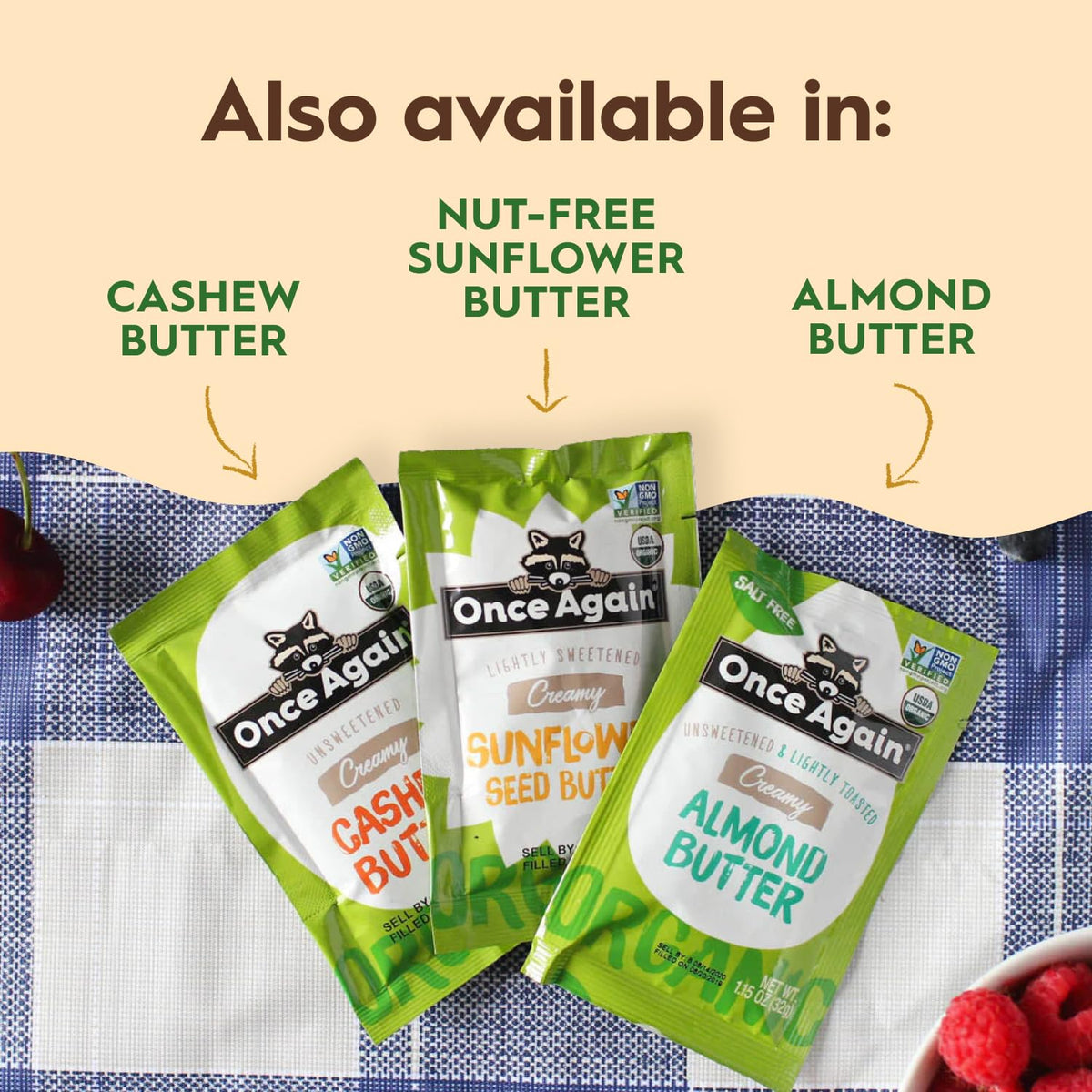 Once Again organic peanut butter packets packaging note highlighting sustainability.