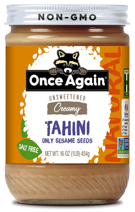Once Again Organic Tahini glass jar, creamy sesame paste for hummus and dressings.