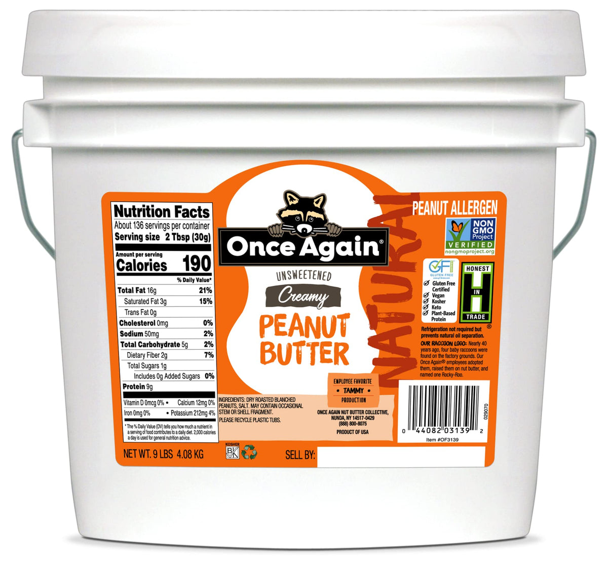 Once Again peanut butter 9lb bucket pour shows smooth, versatile spread for sandwiches and recipes.