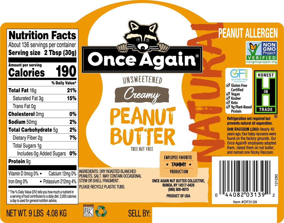 Once Again Peanut Butter 9lb bucket scoop highlights rich, creamy texture ideal for snacks and baking.