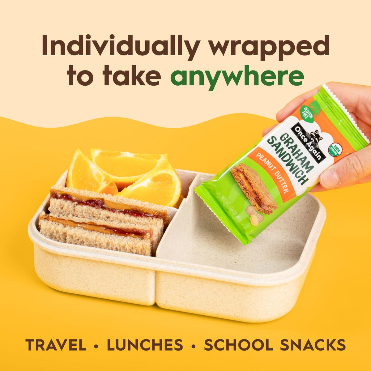 Once Again vegan-certified icon emphasizes plant-based snack option.