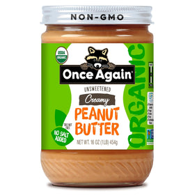 Once Again peanut butter jar close-up showing creamy texture for easy spreading.