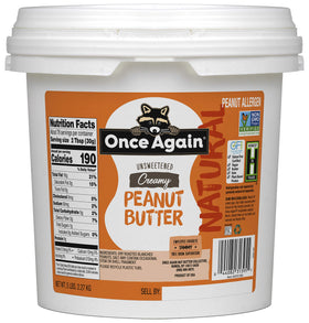 Once Again peanut butter jar closeup showing creamy texture and natural, unsweetened flavor.