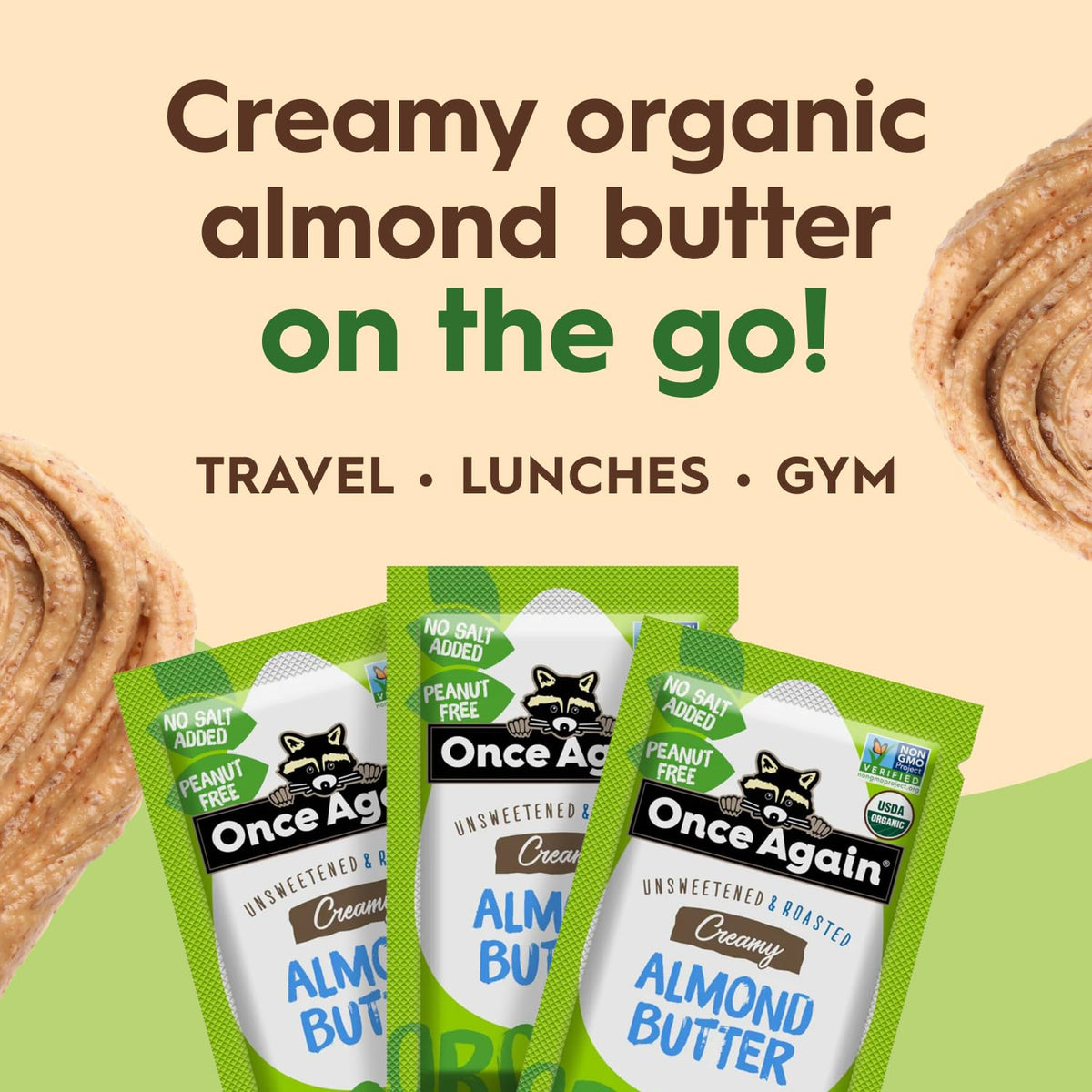 Once Again single-serve almond butter packets close-up highlighting creamy texture for easy meals.