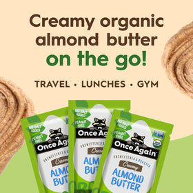 Once Again single-serve almond butter packets close-up highlighting creamy texture for easy meals.