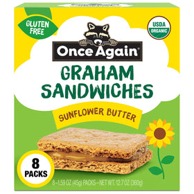 Once Again Sunflower Butter Graham Sandwiches box on kitchen counter, nut-free snack option.