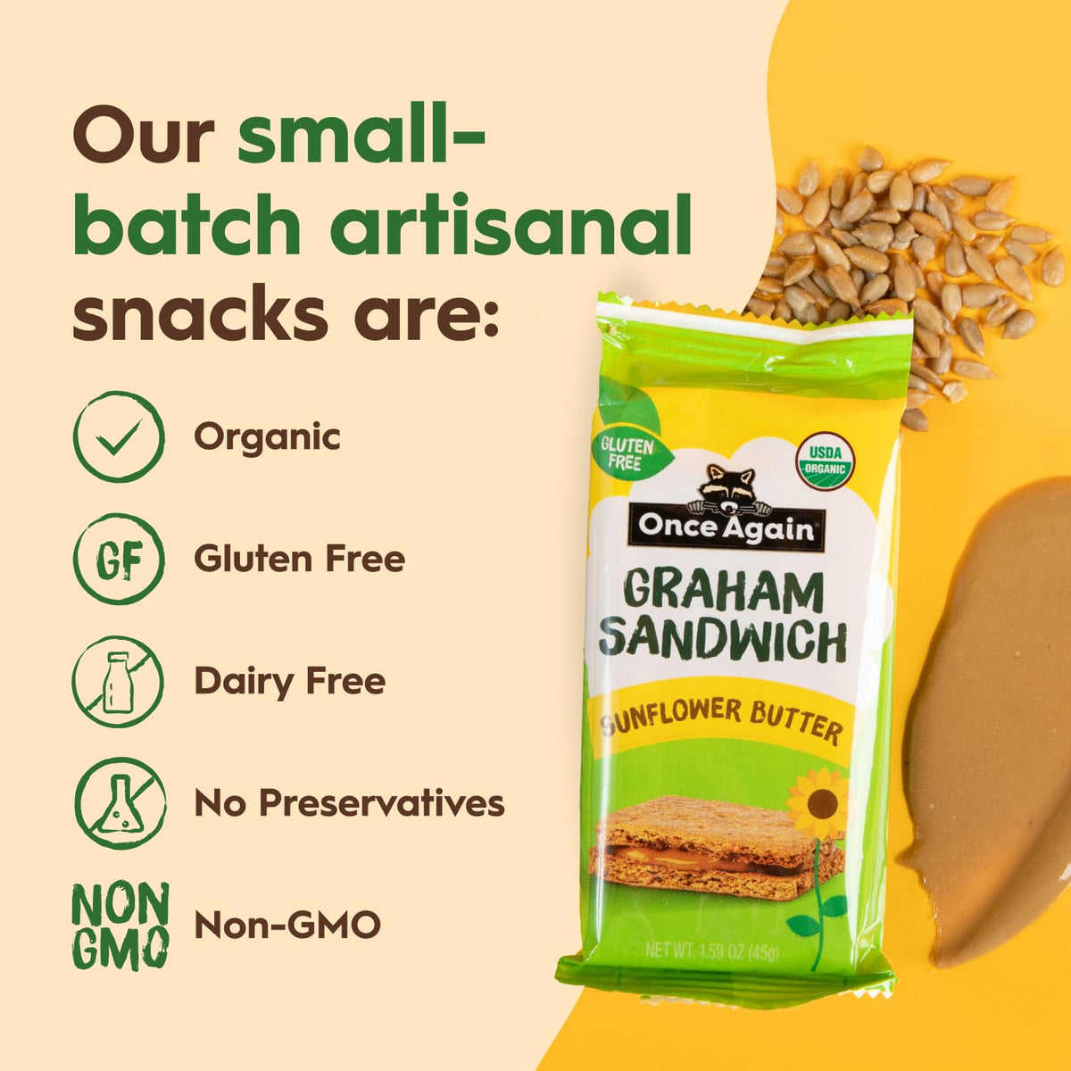 Lunchbox-ready Once Again Sunflower Butter Graham Sandwiches with eight individually wrapped crackers.