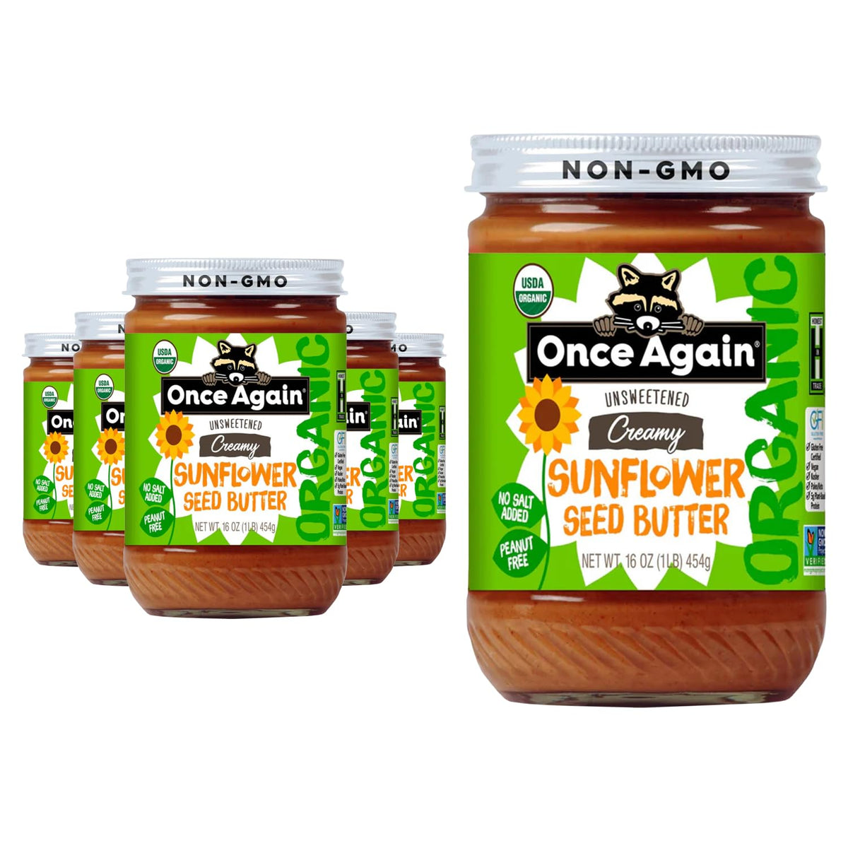 Once Again Sunflower Butter jar front shows creamy spread for sandwiches.