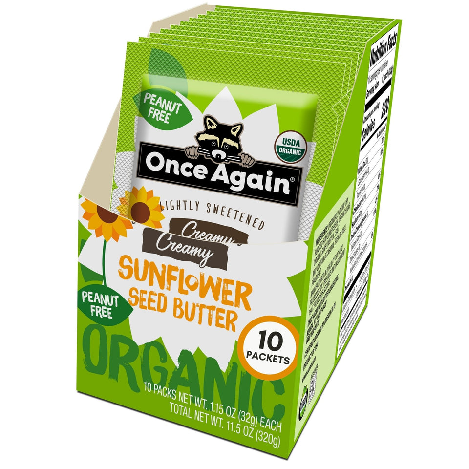 Once Again sunflower butter packets in a box for pantry storage and travel