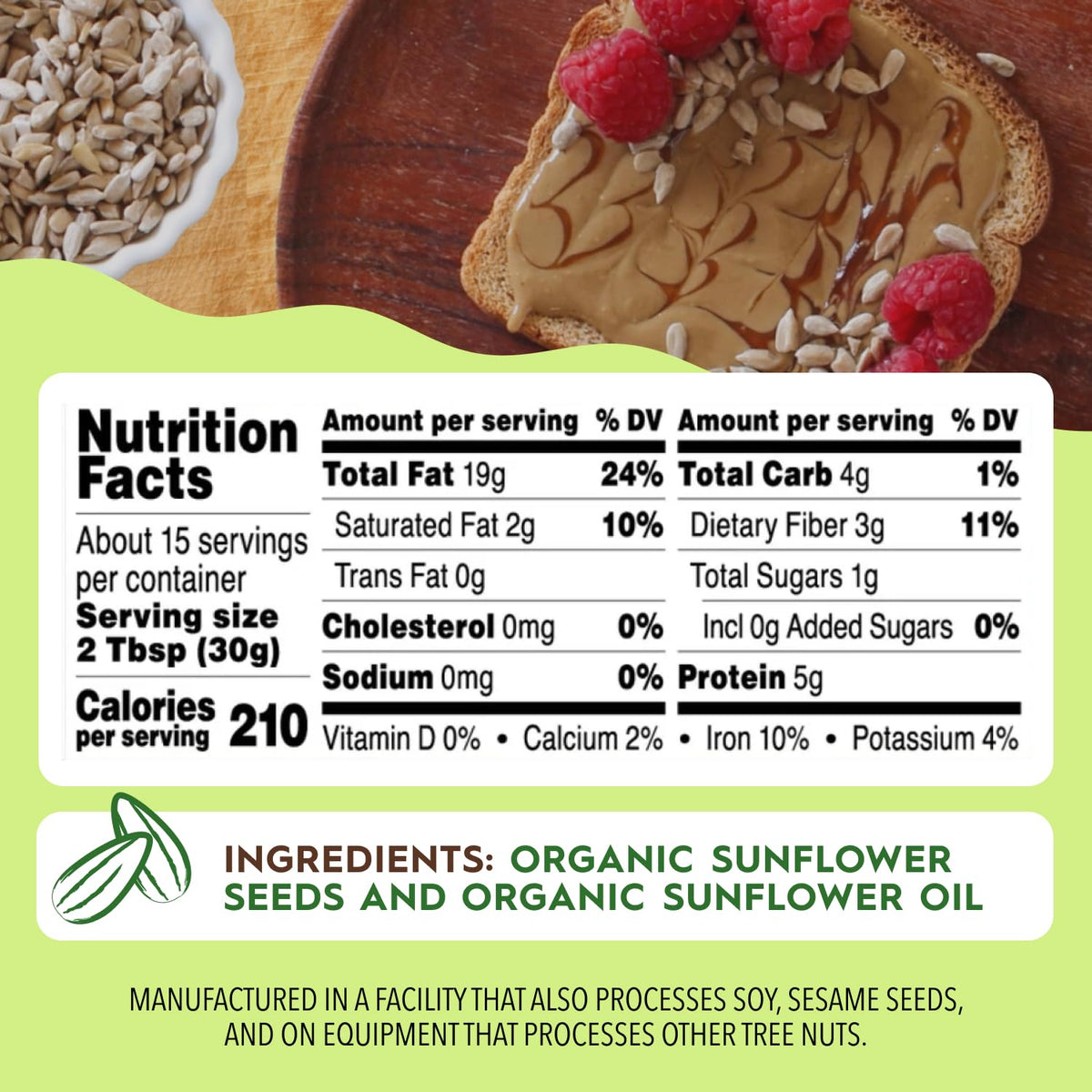 Once Again Sunflower Butter spoonful suggests dairy-free, nut-free snack idea.