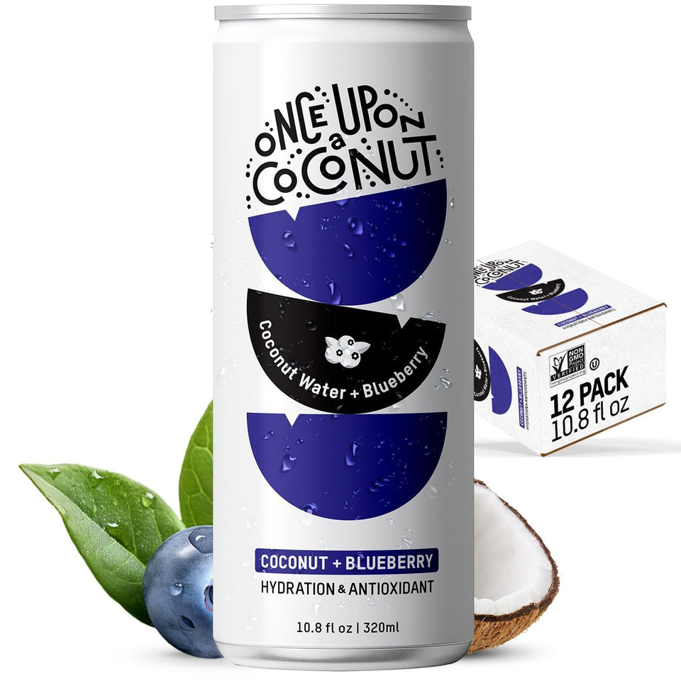 Once Upon A Coconut blueberry coconut water bottle showing a refreshing low-calorie hydration option.
