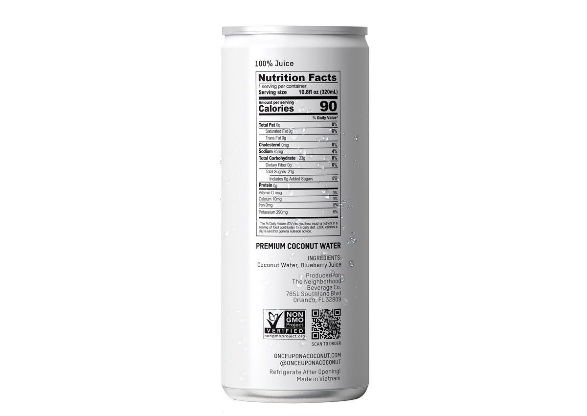Once Upon A Coconut blueberry coconut water in the fridge signaling a ready-to-enjoy healthy craving.