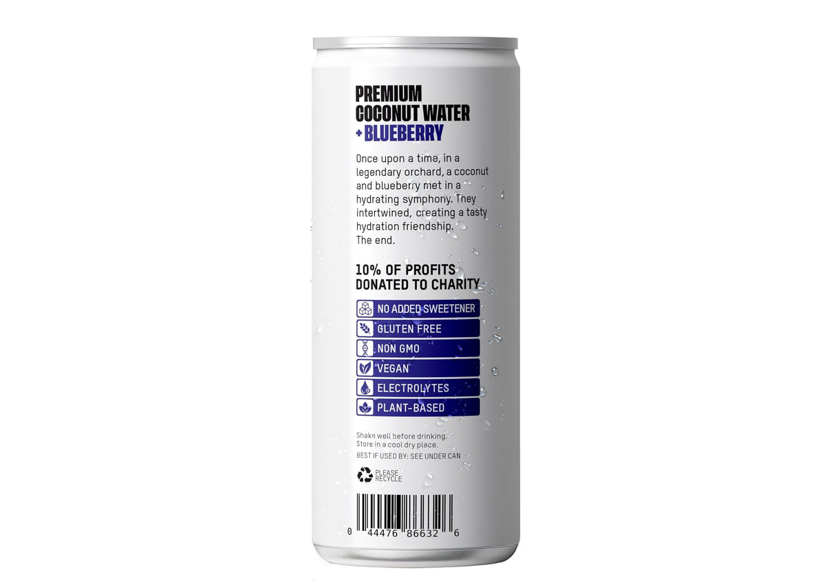 Once Upon A Coconut blueberry coconut water label highlights non-GMO and gluten-free credentials.