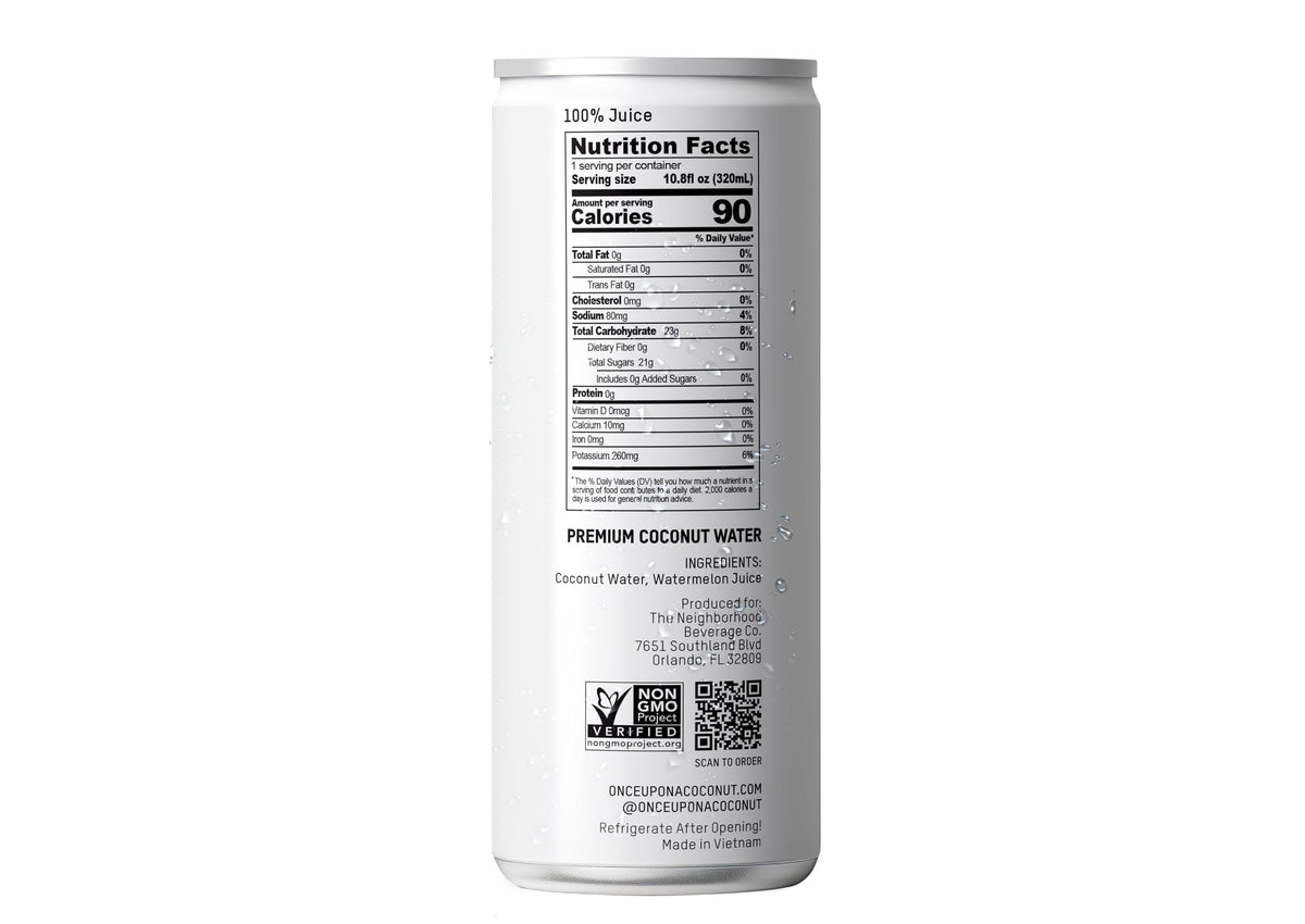 Once Upon A Coconut electrolytes hydration label on can