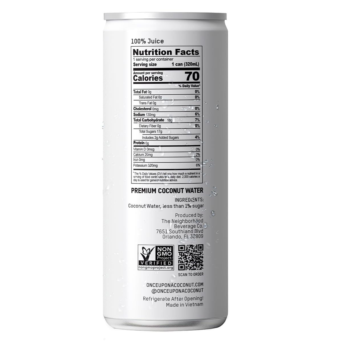Once Upon a Coconut low calorie 70 kcal per can for lighter sipping.