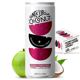 Once Upon a Coconut Sparkling Coconut Water bottle close-up, refreshing energy for daily activities.