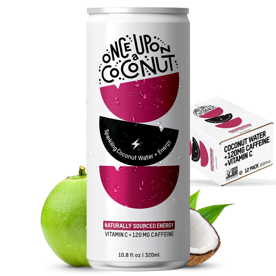 Once Upon a Coconut Sparkling Coconut Water bottle close-up, refreshing energy for daily activities.