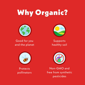 Organic label and wholesome ingredients highlight the brand's values.